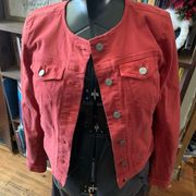 Loft Ann Taylor washed red collarless S cropped denim jacket