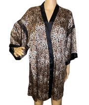 Rare Victoria’s Secret Satin Leopard Kimono Robe Tan Black Lace Detail Size XS/S