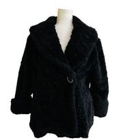 LAL Black Faux Fur Teddy Shawl Collar Pockets Jacket Coat Size Large NEW