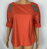 Marfinno Embroidered Floral Leaf Blouse Boho Small Orange Tangerine