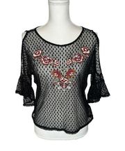 Shyanne Swiss Dot Mesh Lace Top Blouse Black Embroidered Small