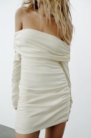 dress Ruched Wedding Party Mini drapped bandeau off shoulder cream