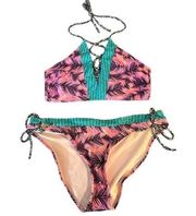 Hula Honey Pink Teal Bikini Set USED Size Med Top Size Large Bottom #0716