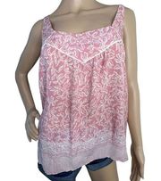 Anthropologie Maeve Pink and White Leaf Patterned Babydoll Tank Top