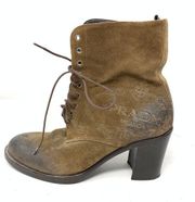 Prada Women's Sz 39 US 9 Suede Burnished Toe Block Heel Lace Up Ankle Boot Brown