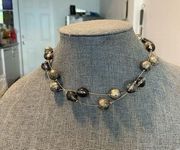 Stylish brushed gold and clear black bead layered necklace silver tone