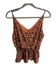 Elle Rae Leopard Print Peachy-Orange and Black Peplum Cami Top - Women's S