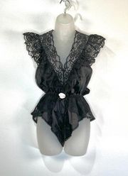 Vintage 80s Lily of France Black Satin Lace Bodysuit Rosette Detail