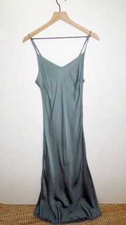 NATION LTD Sofia Bias Cut Slip Dress Fringe Hem Satin Midi in Pale Blue Size M