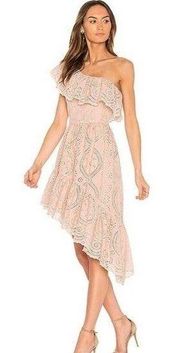 LSF Pamela Blush Rose One Shoulder Midi Dress Eyelet Lace sz L