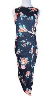 Nine Britton Abigail Brushed Knit Rose Floral Fitted Midi Wrap Dress Navy Large