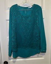 Teal Green Lave Front Accent Long Sleeve Blouse L