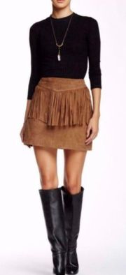 100% Brown Leather Coachella Festival Fringe Riley Skirt NEW