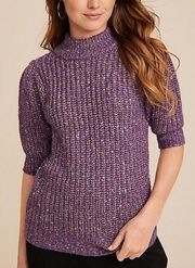 NEW NWT MAURICES Metallic Knit Sweater Purple Multi Mock Neck Short Elbow Sleeve