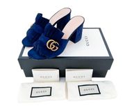 Gucci navy Marmont GG logo suede fringe heeled slip on mules EU 37.5 US 7.5 blue