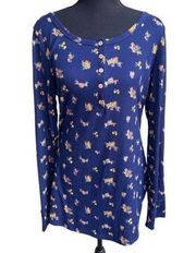 Work of Art Long Sleeve Floral Henley- Navy