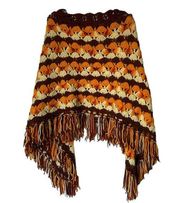 Vintage 70s Style Hand Knit Poncho With Fringe Stripes Orange Brown Cream