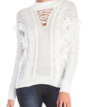 Torn by Ronny Kobo Paige Lace Up Ruffled Sweater Cream Women's Size Medium