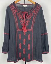 Garnett Hill Black Red Embroidered Cotton Gauze Peasant Pop Over Blouse