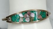 Vintage Mexico Silver Tone Mother of Pearl Flower Inlay Hinge Bangle Bracelet