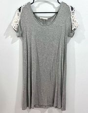 Gray jersey knit shirt dress with lace shoulders size medium