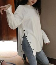 White shirt button side slit open basic shirt minimalist t-shirt long sleeve