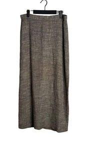 Vintage Eileen Fisher Linen Blend Midi Skirt Brown Back Slit Zip Closure Size M