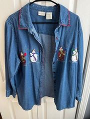 Vintage  winter theme embroidered denim button up size 16W