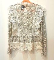 VICI WHITE AND BLACK CROCHET & LACE LONG SLEEVE MOCK NECK BLOUSE- SIZE Small