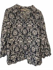 David Brooks Womam Linen Blouse 2X Navy White Floral Vine Print 3/4 Sleeve