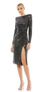 Ieena for Mac Duggal Black Silver High Slit Metallic Midi Dress Women's 8 NEW