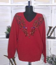 Worthington vintage Y2K red angora wool gold beaded lightweight sweater sz 18 W