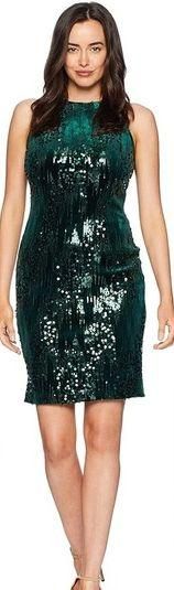 Tahari Forest Green Velvet and Sequin Sheath Dress Women's Size 14