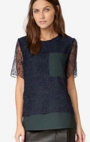 Grey Jason Wu Size 8 Lace Combo Tee Top In Marin/deep Forest Green Retail $395