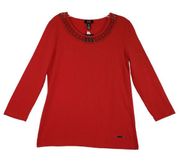 Jones New York Barbados Cherry Red Embellished Neck Shirt Women's Large