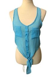 Wet Seal pale blue button down racer back sheer crop top tie front