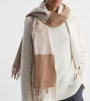NWT Reiss Fringed Trim Leyton Wool Blend Check Embroidered Scarf Beige Women's
