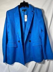 Ann Taylor Relaxed Double Breasted Long Blue Blazer Size 6- Linen Blend- NET