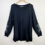 Soft Surroundings Black Gray Cotton Floral Embroidered Tunic Sweater womens 1X