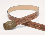 Western Bull Head Buckle Unisex Belt Vintage Embossed Brown PU Leather Belt