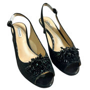 Alex Marie Black Beaded Tassel Peep Toe Slingback Heels Belora sz 6.5 NEW in Box