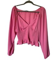 WAYF Target Pink Smocked Long Sleeve V Neck Crop Top Blouse large
