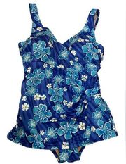 Le Cove Vintage Blue Tropical Hawaiian Floral Striped One Piece Swimsuit Dress