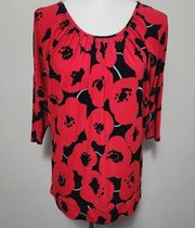 NY&CO Red & Black Poppy Floral ¾ Sleeve Jersey Knit Blouse Size Medium