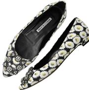 Manolo Blahnik Crystal Brooch Buckle Hangisi Floral Print Pointed Toe Flats