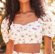 Cute White Floral Print Puff Sleeve Crop Top NWT medium c