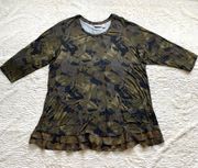 LOGO Lori Goldstein Knit Top Size 2X Chiffon Trim Green Camo Print Tunic Pockets