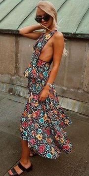 Retro Floral Plunge Midi Dress