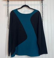 Bob Mackie Teal & Black Colorblock Crew Neck Pullover Sweater Size L