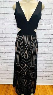 Xscape Womens Black Sleeveless Geometric Plunging Fit & Flare Dress Size 8